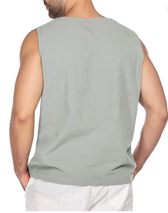 Rear view of light green sleeveless linen shirt for men showing textured fabric details
