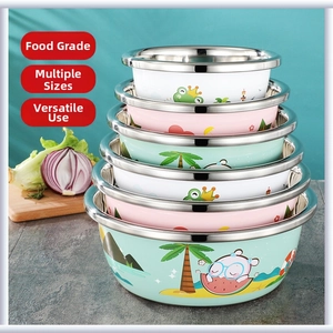 Stackable set of six colorful stainless steel bowls with cute hand-drawn cartoon patterns