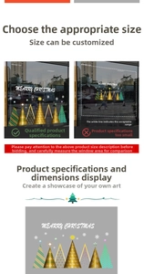 Detail view of golden Christmas tree window stickers with snowflake patterns and size options