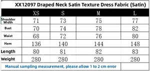 Detailed size chart for the elegant cowl neck satin dress with fabric measurements