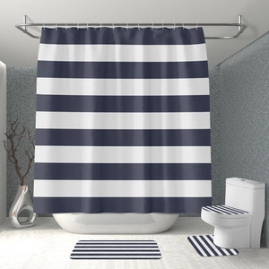 Detailed 3D view of navy blue and white striped waterproof shower curtain and bath mat set