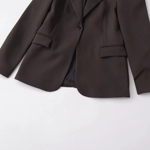 Slim fit dark brown blazer for women with single-button design and premium twill texture