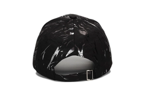 Detail view of the black baseball cap back with silver metallic marble pattern