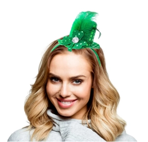 Detail of green sequin St. Patrick's Day mini top hat headband with clover and feathers