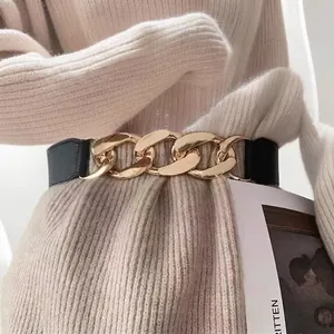 Women Elastic Waist Belt Gold Metal Chain Link Buckle Wide Fashion Decorative Cinch Belt For Dresses Suits