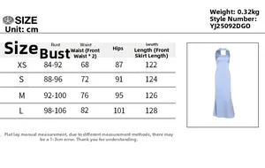 Size chart for satin slip dress showing measurements in cm for XS to L sizes