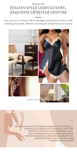 Détail de la chemise de nuit en soie noire avec dentelle beige et col en V élégant