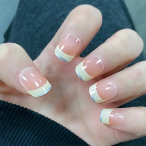 24Pcs Nude Pink Marble French Press On Nails With Silver Mirror Edge Detachable Long Glue Type Fake Nails For Women