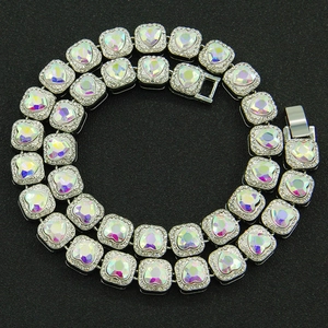 Hip hop silver Cuban chain necklace with heart-shaped colorful rhinestone pendant