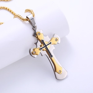 Vintage layered stainless steel cross pendant necklace with diamonds and gold box chain