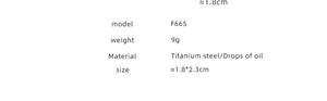 Specifications for titanium steel earrings model F665 weighing 9g and sized 1.8x2.3cm