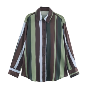 Women Striped Blouse Satin Texture Long Sleeve Button Down Shirt Casual Fashion Tops