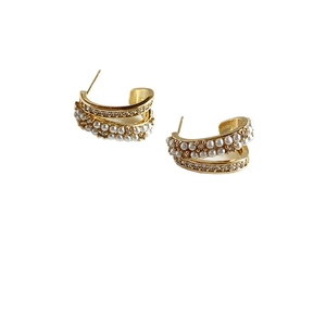Elegant 14k gold plated C-shaped earrings with pearls and micro-pave zircons for women