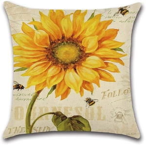 Linen sunflower pillow cover with vintage French text and bees for summer and autumn decor