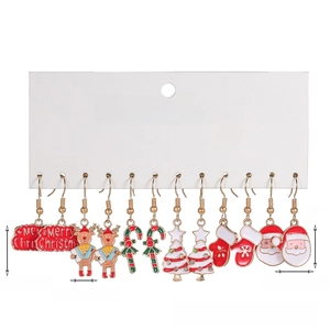 Detail view of 6-pair Christmas earring set with enamel Santa and reindeer charms