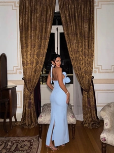 Light blue backless maxi dress with 3D floral accents and elegant side slit for women
