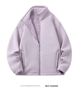 Detail of lavender fleece jacket showing thick sherpa lining and zip pocket