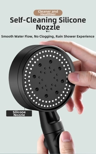 Detail of handheld pressurized shower head with self-cleaning silicone nozzles in matte black