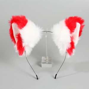 Detail of red and white plush cat ear headband on transparent display stand