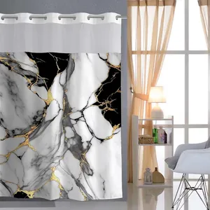 Rideau De Douche Imperméable Sans Crochets Avec Doublure Amovible Fenêtre En Filet Motif Marbre Ourlet Magnétique Lesté Et Tapis De Bain
