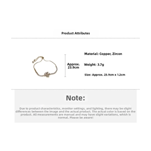 Detailed specs of zircon flower bracelet made of copper with 3.7g weight and 23.9cm length