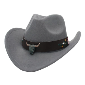 Classic gray wool felt western cowboy hat with floral embroidery and bronze bull head pendant