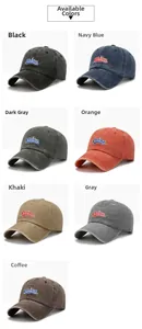 Detailed grid of vintage washed cotton baseball caps with China embroidery in seven colors