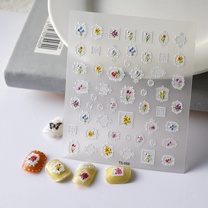5D embossed French floral nail stickers with white lace frames for DIY manicure art