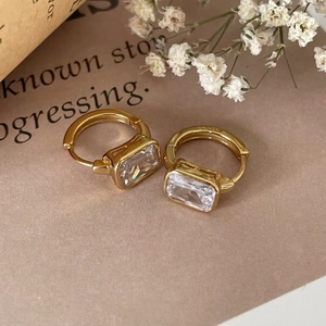 Elegant 925 sterling silver gold earrings featuring rectangular zircon stones