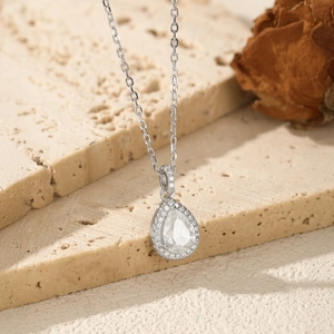 S925 Sterling Silver pear-cut moissanite pendant necklace with halo stones