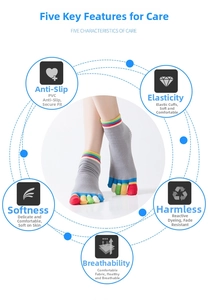 Detail showing non-slip PVC dots and colorful rainbow toes on gray yoga socks