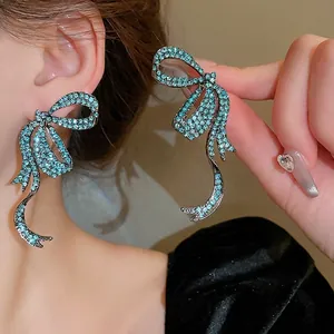 Bow Knot Drop Earrings Elegant Sparkling Rhinestone Alloy With 925 Sterling Silver Earring Post Vintage Style For Women