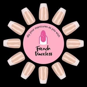 12-delige Franse ballet kunstnagels met nude basis en witte tips op zwarte achtergrond