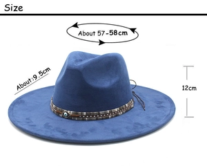 Blue felt fedora hat with 9.5cm wide brim and 57-58cm head circumference measurements