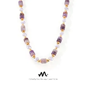 Handmade Beaded Necklace Amethyst White Imitation Artificial Pearl Titanium Steel Gold Plated Elegant Minimalist Necklaces For Women