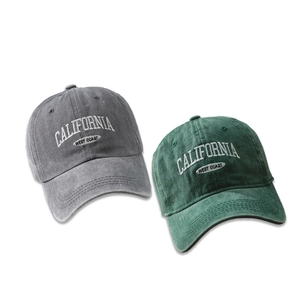 Vintage washed cotton baseball caps with California West Coast white embroidery in grey and green