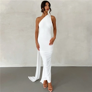Detail of white one-shoulder evening dress featuring side ruching and slim fit knit fabric