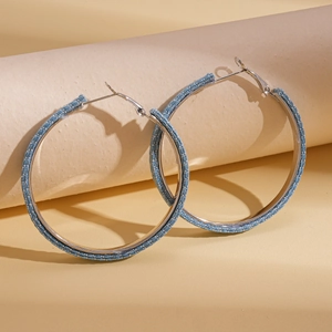 Chic blue denim wrapped geometric hoop earrings with silver needle for women
