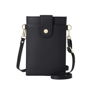 Vertikale schwarze Mini-Handytasche aus Leder mit goldenem Magnetverschluss