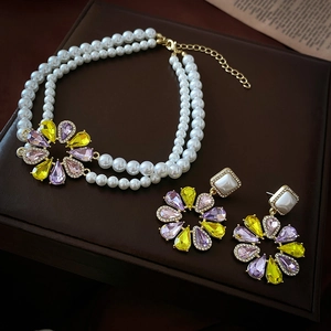 Collier Et Boucles D'oreilles En Künstliche Perles Fleurs Avec Cristaux Colorés Et Tige En Argent Sterling 925 Style Français Pour Femmes
