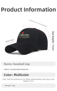 Detail of embroidered wings and red star on black baseball cap with size dimensions