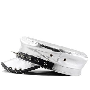 Silver metallic punk flat top cap with black leather trim and silver cone studs