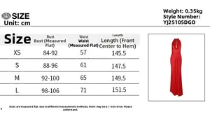 Detailed size chart for backless satin halter maxi dress with measurements and model preview