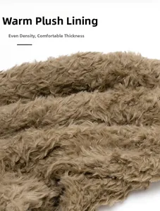 Detail of soft dark brown plush faux fur lining for thermal insulation and warmth
