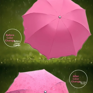 Pink folding umbrella showing floral pattern transformation before and after contact with water