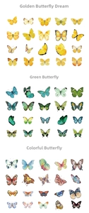 Detailed view of vintage butterfly PET stickers in yellow, green and colorful styles