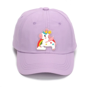 Detailed view of lilac kids baseball cap featuring a 3D unicorn rainbow applique patch
