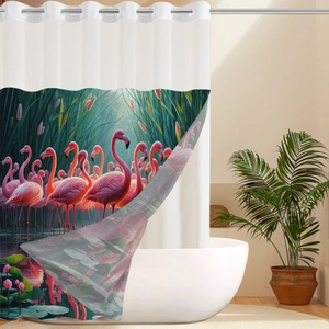 Waterproof waffle fabric shower curtain featuring pink flamingos in a lush wetland scene