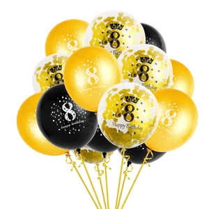 8th birthday balloon kit in gold and black with crown motif and confetti for party decor