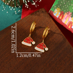 Weihnachtsmütze Ohrringe aus 18K vergoldetem Edelstahl mit rot-weißen Emaille-Anhängern